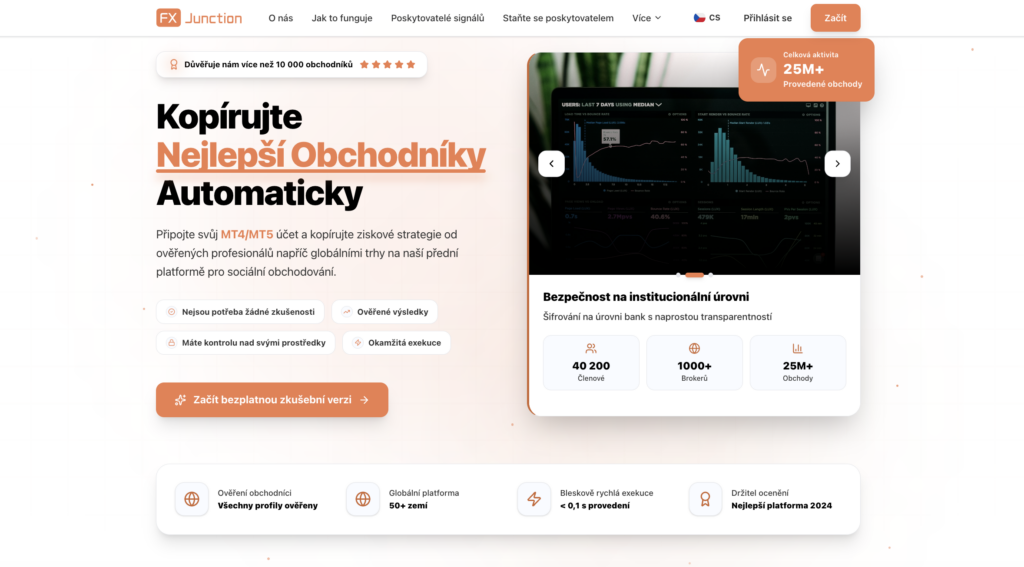 Hlavní stránka s velkým textem 'Kopírujte Nejlepší Obchodníky Automaticky' a popisem služby v levé části.