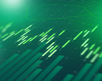 Abstract green financial data visualization with glowing candlestick-like bars on a teal backdrop