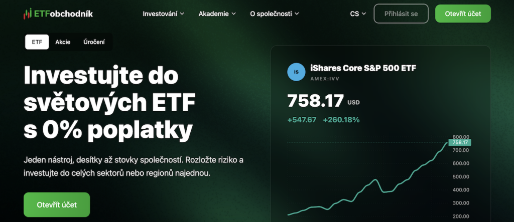 ETFobchodník | Rozdílové smlouvy Hero section promoting zero-fee ETFs: bold Czech headline, CTA 'Otevřít účet', and a right-side chart showing iShares Core S&P 500 ETF at 758.17 USD.